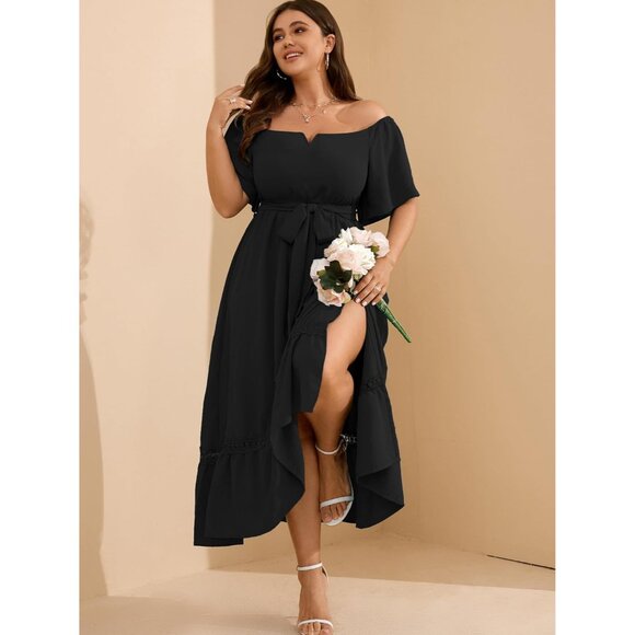 Women's Plus Size Maxi Dress Off Shoulder V Neck Wedding Guest Formal Dress - Picture 7 of 7